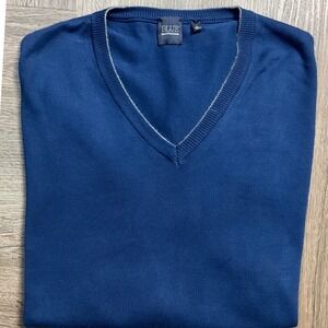 BLUE Saks Fifth Avenue V Neck Sweater Mens Large Blue Cotton Preppy Classic Chic
